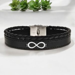 925 Ayar Gümüş Plakalı Erkeklere Özel Sonsuzluk Motifli Hakiki Siyah Derili Hediyelik Bileklik-407