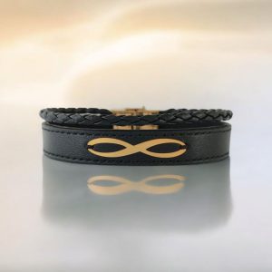 14 Ayar Altın Plakalı Sonsuzluk Motifli Hakiki Siyah Derili Erkeklere Özel Hediye Bileklik-389
