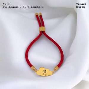 14 Ayar Altın Plakalı Burca Özel Bulut Figürlü Kırmızı Örgü İpli Hediye Bileklik-406