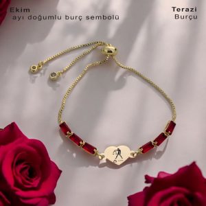 14 Ayar Altın Plakalı Burca Özel Kalp Motifli Zincirli Kırmızı Taş Desenli Hediye Bileklik-349