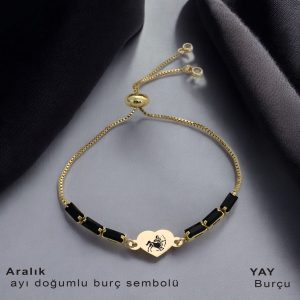 14 Ayar Altın Plakalı Burca Özel Kalp Motifli Zincirli Siyah Taş Desenli Hediye Bileklik-351
