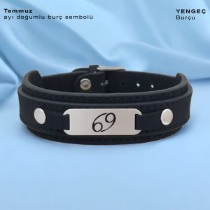 925 Ayar Gümüş Plakalı Doğum Ayına Özel Hakiki Siyah Derili Oval Figürlü Hediye Bileklik-421