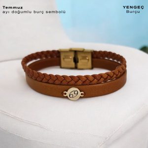 14 Ayar Altın Plakalı Doğum Ayına Özel Doğal Kahverengi Derili Yuvarlak Motifli Hediye Bileklik-401