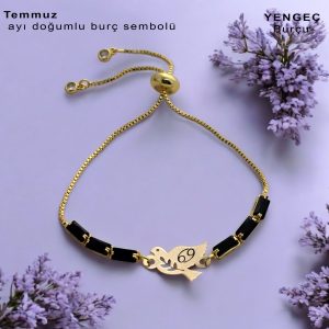14 Ayar Altın Plakalı Doğum Ayına Özel Kuş Figürlü Zincirli Siyah Taş Desenli Hediye Bileklik-378
