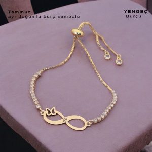 14 Ayar Altın Plakalı Doğum Ayına Özel Zincirli Beyaz Taş Desenli Sonsuzluk ve Kelebek Figürlü Hediye Bileklik-361