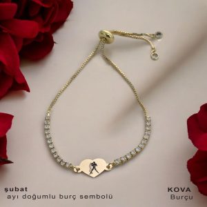 14 Ayar Altın Plakalı Burca Özel Kalp Figürlü Zincirli Beyaz Taş Desenli Hediye Bileklik-350