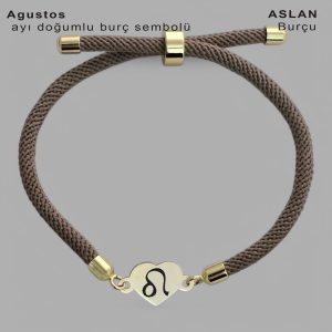 14 Ayar Altın Plakalı Doğum Ayına Özel Kahverengi İpek Örgülü Kalp Motifli Hediye Bileklik-347