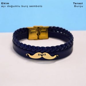 14 Ayar Altın Plakalı Doğum Ayına Özel Hakiki Lacivert Derili Bıyık Motifli Hediye Bileklik-384