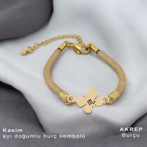 14 Ayar Altın Plakalı Doğum Ayına Özel Hasır Kordonlu Kelebek Figürlü Hediye Bileklik-366