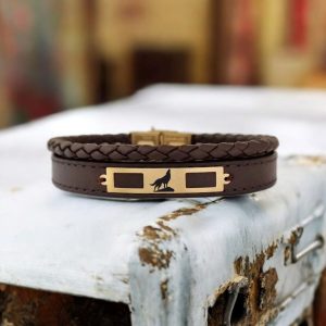 14 Ayar Altın Plakalı Sembole Özel Dikdörtgen Motifli Hakiki Kahverengi Derili Hediye Bileklik-379