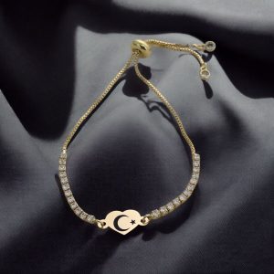 14 Ayar Altın Plakalı Sembole Özel Zincirli Beyaz Taş Desenli Kalp Figürlü Hediye Bileklik-350
