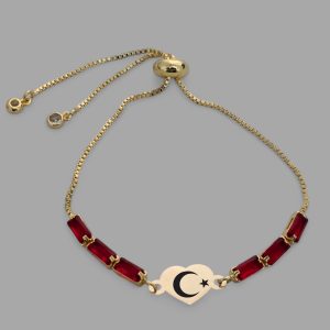 14 Ayar Altın Plakalı Sembole Özel Zincirli Kırmızı Taş Desenli Kalp Motifli Hediye Bileklik-349
