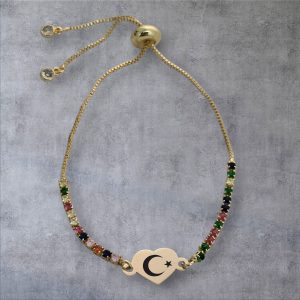 14 Ayar Altın Plakalı Sembole Özel Zincirli Renkli Taş Desenli Kalp Figürlü Hediye Bileklik-348