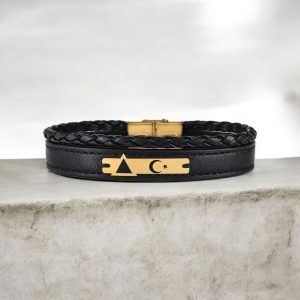 14 Ayar Altın Plakalı Sembole Özel Üçgen Motifli Hakiki Siyah Derili Hediye Bileklik-390