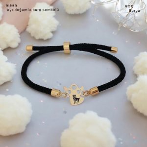 14 Ayar Altın Plakalı Burca Özel Mevlana Figürlü Siyah Örgü İpli Hediye Bileklik-319