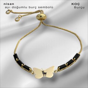 14 Ayar Altın Plakalı Burca Özel Kelebek Motifli Zincirli Siyah Taş Desenli Hediye Bileklik-343