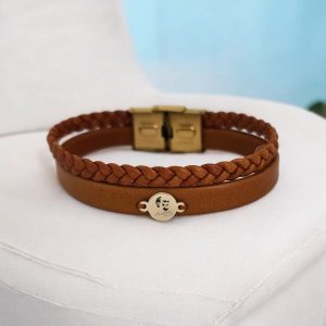 14 Ayar Altın Plakalı Sembole Özel Doğal Kahverengi Derili Yuvarlak Motifli Hediye Bileklik-401