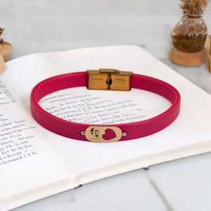 14 Ayar Altın Plakalı Sembole Özel Doğal Pembe Derili Kalp Detaylı Oval Motifli Hediye Bileklik-377