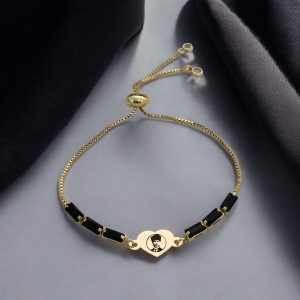 14 Ayar Altın Plakalı Sembole Özel Zincirli Siyah Taş Desenli Kalp Motifli Hediye Bileklik-351