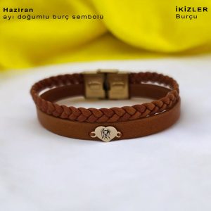 14 Ayar Altın Plakalı Burca Özel Kalp Figürlü Doğal Kahverengi Derili Hediye Bileklik-401