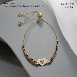 14 Ayar Altın Plakalı Burca Özel Kalp Figürlü Zincirli Renkli Taş Desenli Hediye Bileklik-348