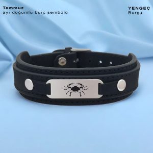 925 Ayar Gümüş Plakalı Burca Özel Oval Figürlü Hakiki Siyah Derili Hediye Bileklik-421