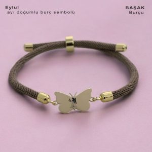 14 Ayar Altın Plakalı Burca Özel Kelebek Motifli Kahverengi İpek Örgülü Hediye Bileklik-336