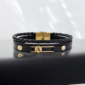 14 Ayar Altın Plakalı Harfe Özel Yuvarlak Motifli Hakiki Siyah Derili Hediye Bileklik-418