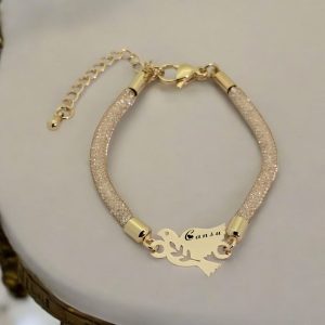 14 Ayar Altın Plakalı İsme Özel Hasır Kordonlu Kuş Motifli Hediye Bileklik-365