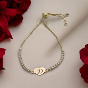 14 Ayar Altın Plakalı Harfe Özel Kalp Figürlü Zincirli Beyaz Taş Desenli Hediye Bileklik-350