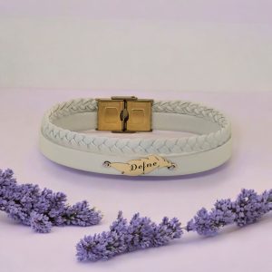 14 Ayar Altın Plakalı İsme Özel Yaprak Figürlü Doğal Beyaz Derili Hediye Bileklik-376