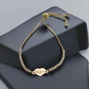 14 Ayar Altın Plakalı İsme Özel Zincirli Beyaz Taş Desenli Kalp Figürlü Hediye Bileklik-350