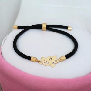 14 Ayar Altın Plakalı Harfe Özel Kuş Motifli Siyah İpek Örgülü Hediye Bileklik-318