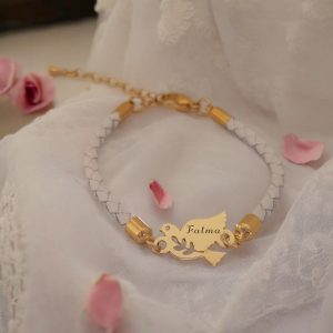 14 Ayar Altın Plakalı İsme Özel Kuş Motifli Doğal Beyaz Derili Hediye Bileklik-425