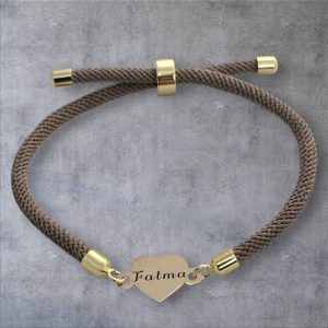 14 Ayar Altın Plakalı İsme Özel Kahverengi İpek Örgülü Kalp Motifli Hediye Bileklik-347