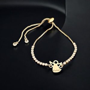 14 Ayar Altın Plakalı İsme Özel Zincirli Beyaz Taş Desenli Mevlana Figürlü Hediye Bileklik-357