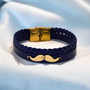 14 Ayar Altın Plakalı Harfe Özel Bıyık Motifli Hakiki Lacivert Derili Hediye Bileklik-384