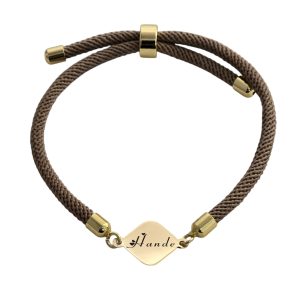 14 Ayar Altın Plakalı İsme Özel Kahverengi Örgü İpli Eşkenar Dörtgenli Hediye Bileklik-332