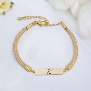 14 Ayar Altın Plakalı Harfe Özel Dikdörtgen Motifli Hasır Kordonlu Hediye Bileklik-402