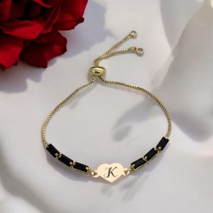 14 Ayar Altın Plakalı Harfe Özel Kalp Motifli Zincirli Siyah Taş Desenli Hediye Bileklik-351