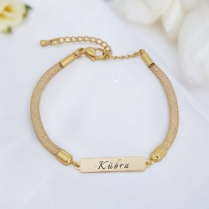 14 Ayar Altın Plakalı İsme Özel Hasır Kordonlu Dikdörtgen Motifli Hediye Bileklik-402