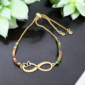 14 Ayar Altın Plakalı Harfe Özel Zincirli Renkli Taş Desenli Sonsuzluk ve Kelebek Motifli Hediye Bileklik-358