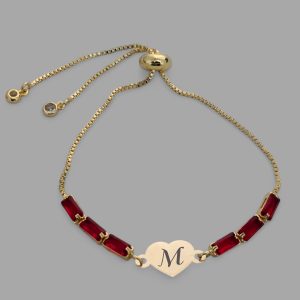 14 Ayar Altın Plakalı Harfe Özel Kalp Motifli Zincirli Kırmızı Taş Desenli Hediye Bileklik-349