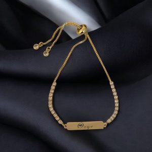 14 Ayar Altın Plakalı İsme Özel Zincirli Beyaz Taş Desenli Dikdörtgen Motifli Hediye Bileklik-355