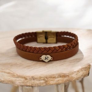 14 Ayar Altın Plakalı Harfe Özel Kalp Figürlü Doğal Kahverengi Derili Hediye Bileklik-401