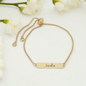 14 Ayar Altın Plakalı İsme Özel Altın Renkli Zincirli Dikdörtgen Motifli Hediye Bileklik-400