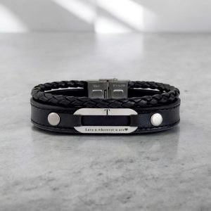 925 Ayar Gümüş Plakalı Harfe Özel Hakiki Siyah Derili Aşk Temalı Oval Motifli Hediye Bileklik-420