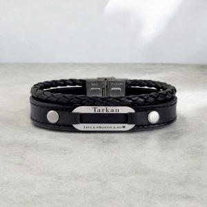 925 Ayar Gümüş Plakalı İsme Özel Aşk Temalı Oval Motifli Hakiki Siyah Derili Hediye Bileklik-420