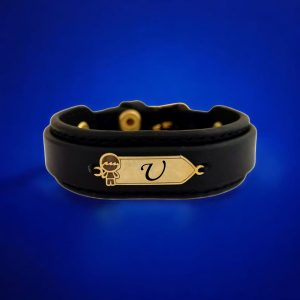 14 Ayar Altın Plakalı Harfe Özel Erkek Çocuk Motifli Hakiki Siyah Derili Hediye Bileklik-423