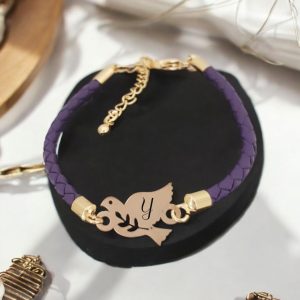 14 Ayar Altın Plakalı Harfe Özel Doğal Mor Derili Kuş Motifli Doğum Günü Hediyesine Özel Bileklik-416